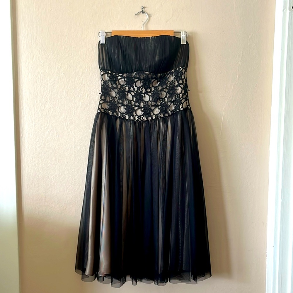 White House Black Market Strapless Lace Formal Midi Dress Mesh Black Gold Nude 4